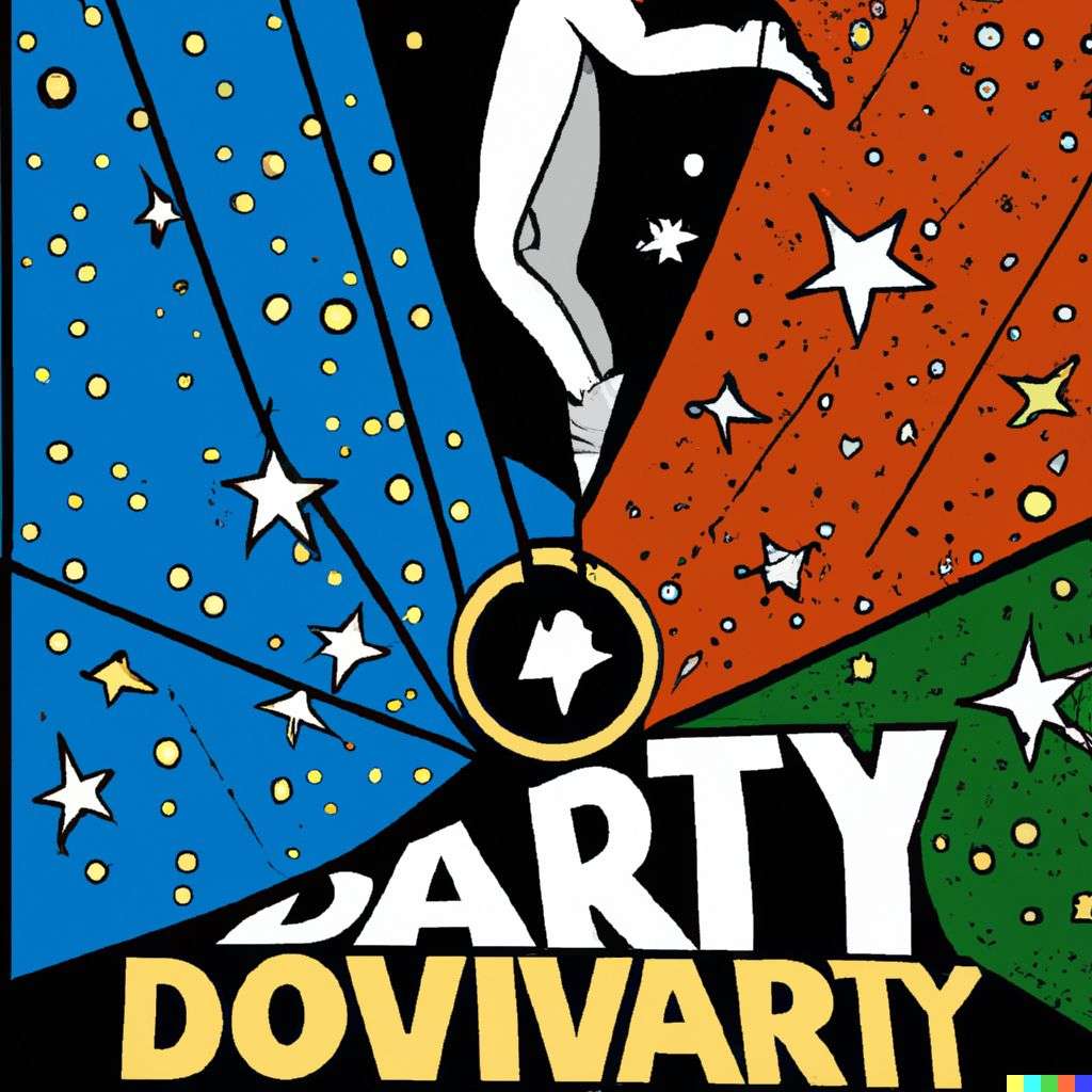 the discovery of gravity, retro comic art, triadic color scheme